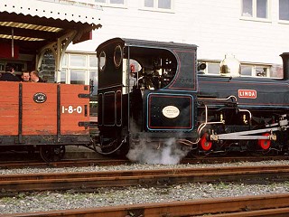 Linda about to leave Porthmadog with a freight train and without tender 2002 – Photo Michael Whitehouse
